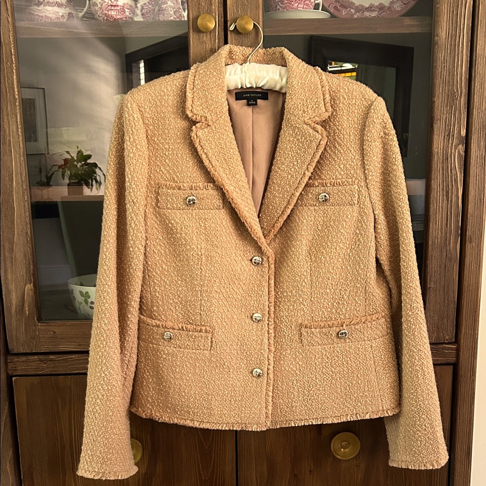 Camel Tweed Ann Taylor Blazer with Fringe Detail Size 12